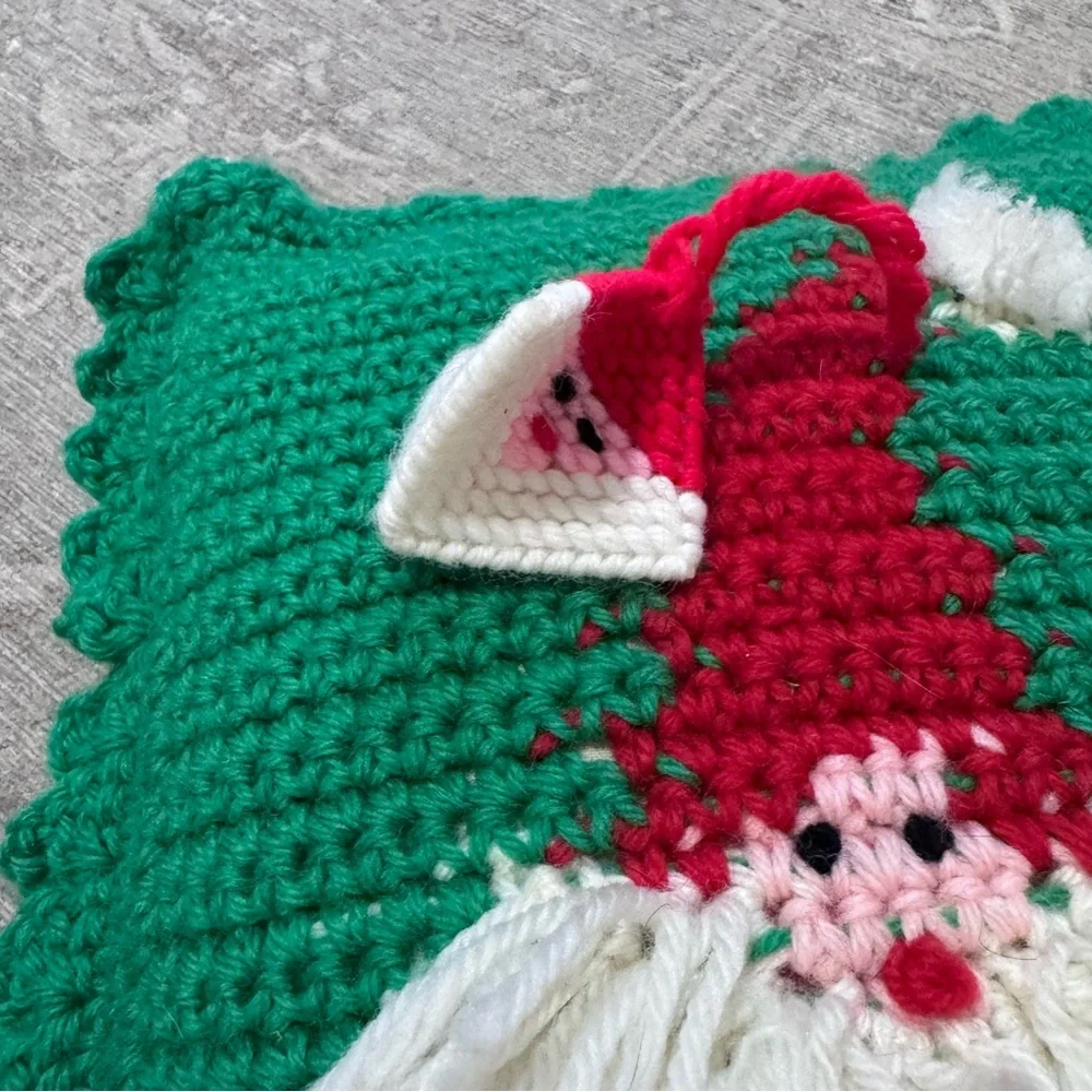 Vintage Green and Red Santa Crochet Pillow Christmas Holiday Decor